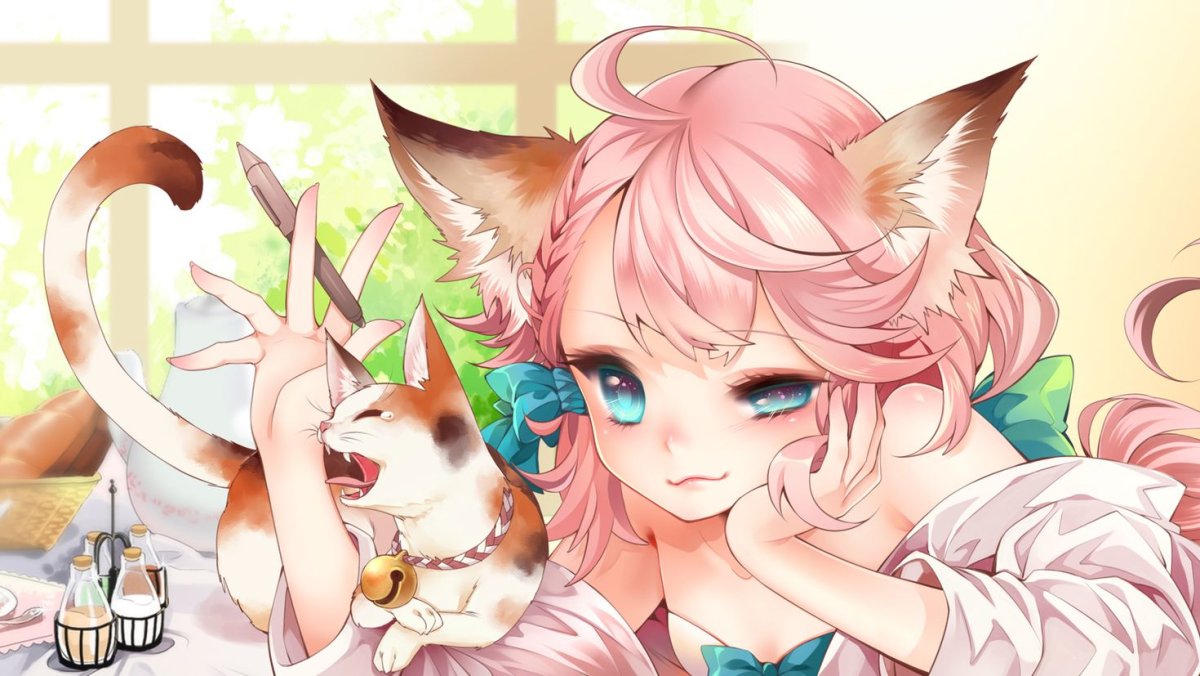 Аниме девочка с розовыми волосами и кошачьими ушками