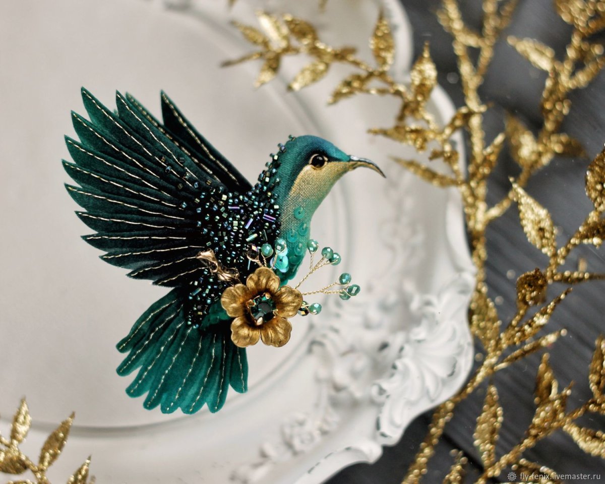 Парная брошь Колибри и цветок