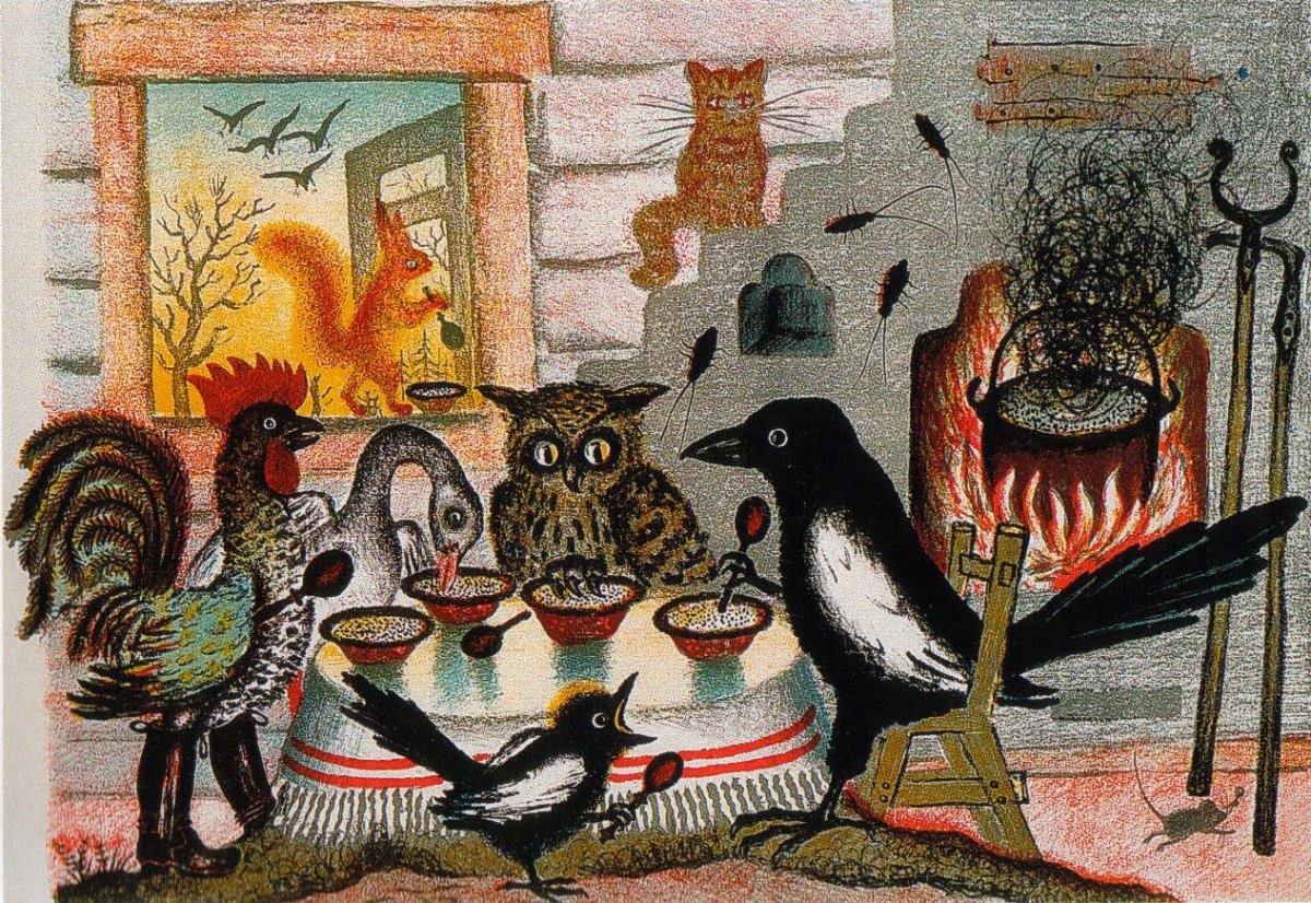 Кошка охотится на ворону