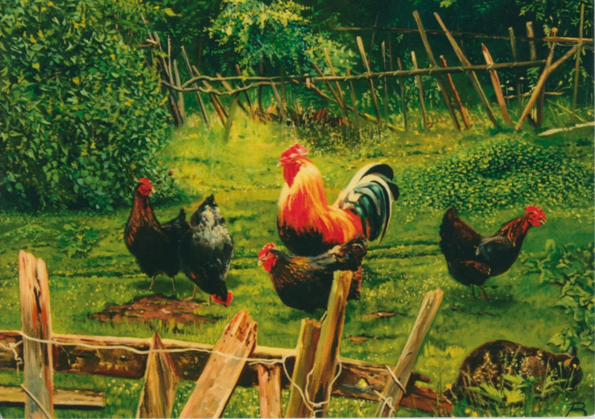 Деревенский пейзаж с курами