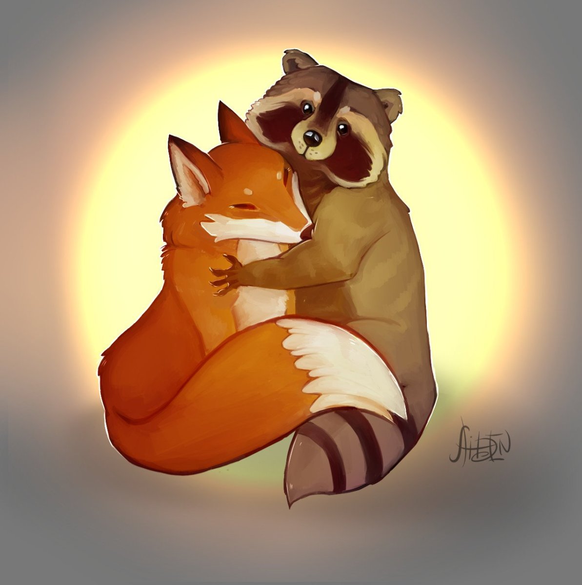 Обнимает лису