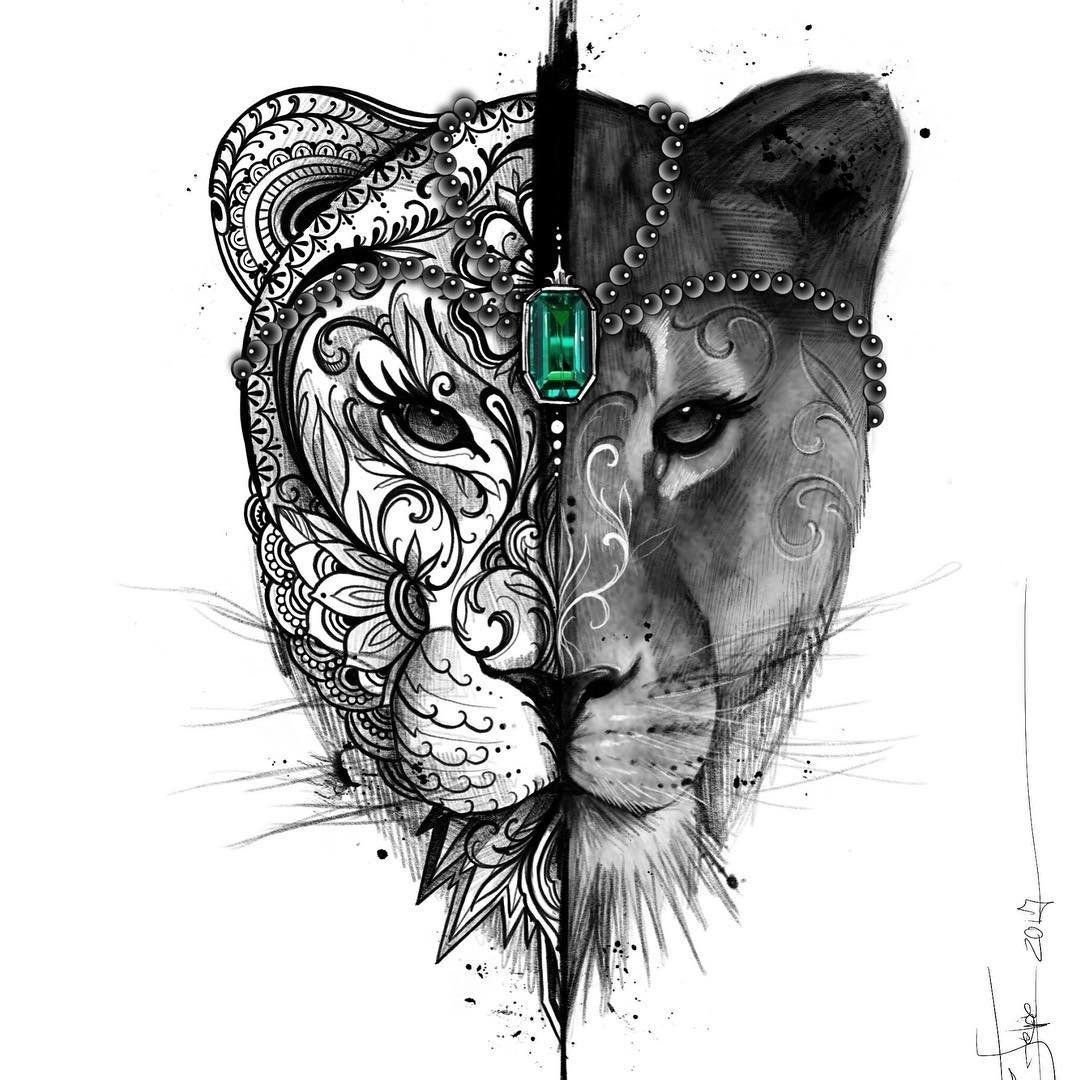 Тату львица эскиз дотворк