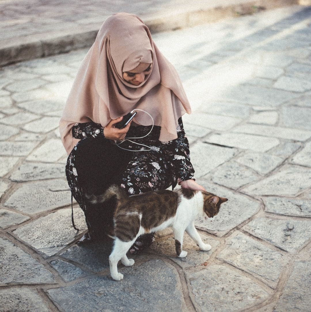 Мусульманка в хиджабе с кошкой
