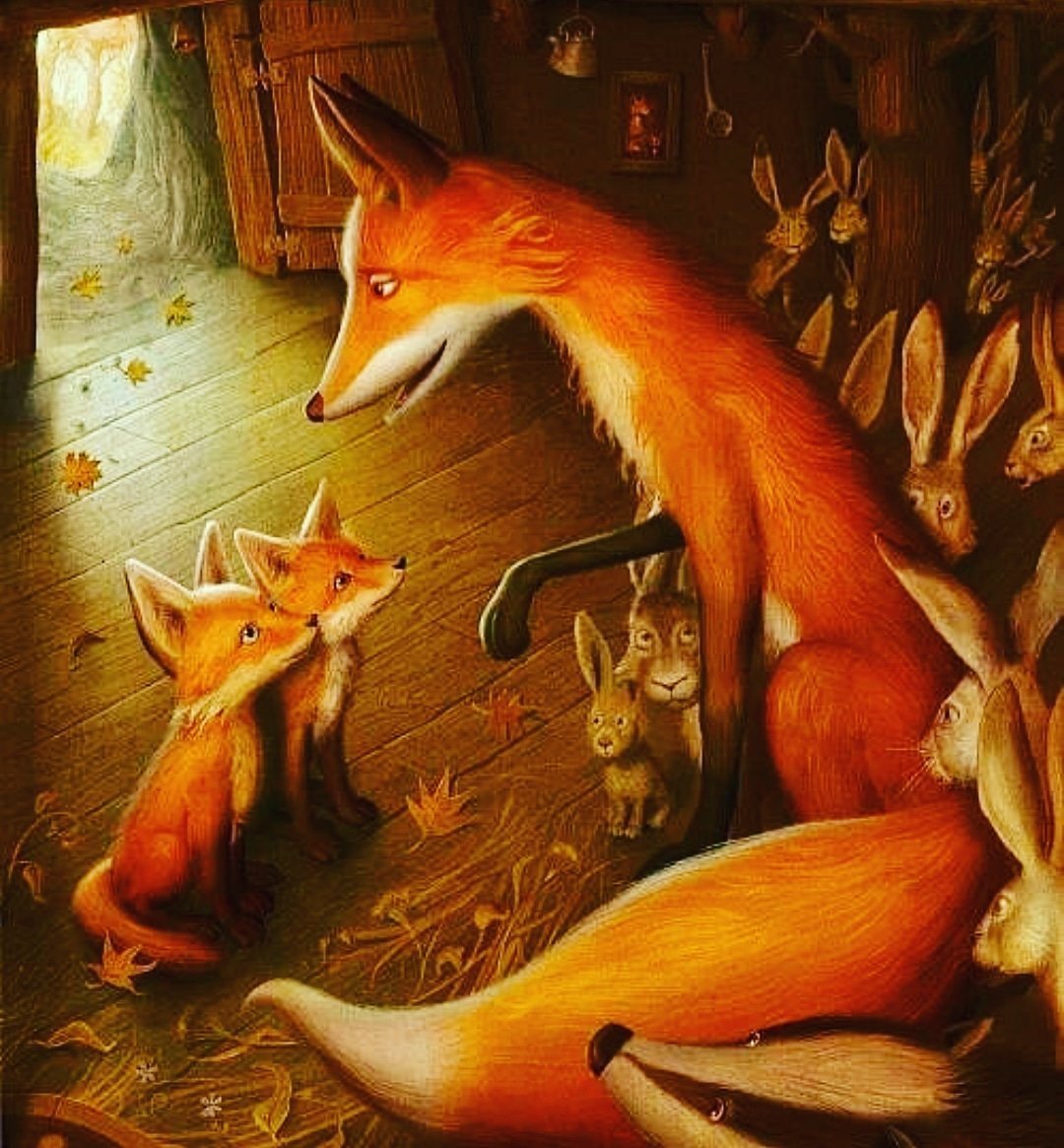 Лиса живопись с лисятами