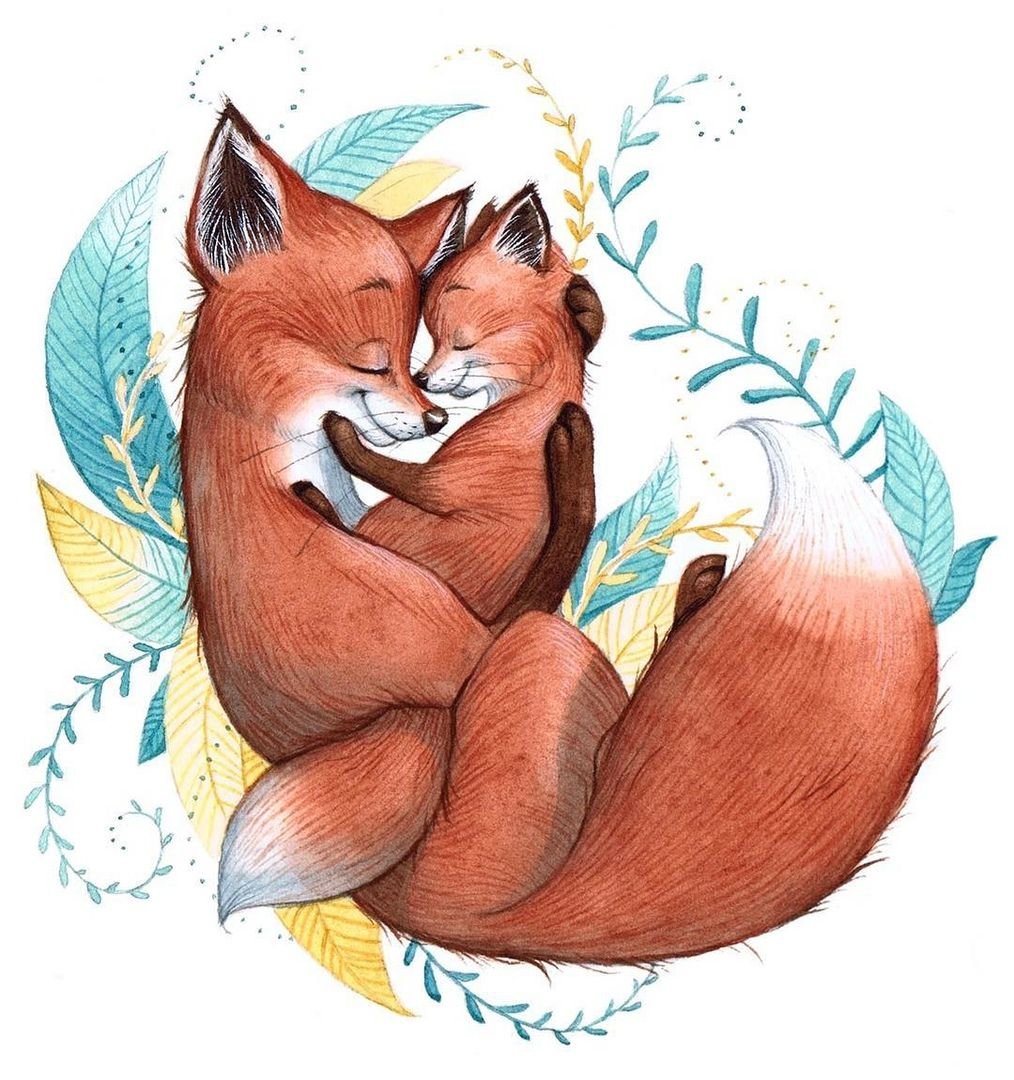 Лисья семья акварель
