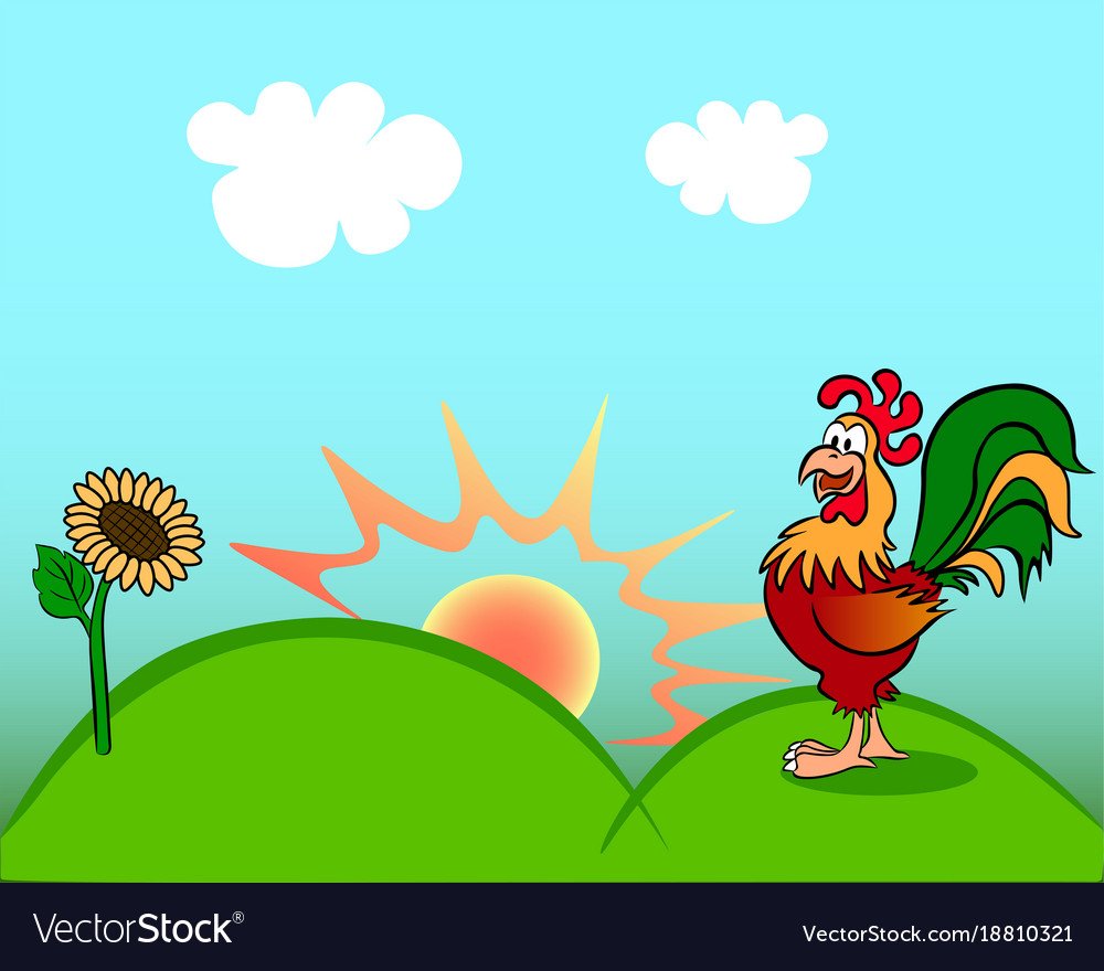 Петух на фоне встающего солнышка