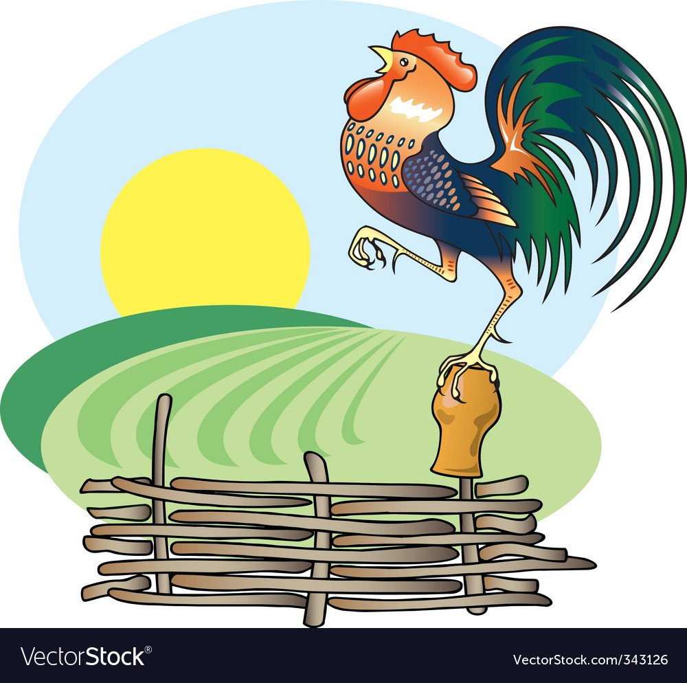 Петушок на фоне встающего солнца