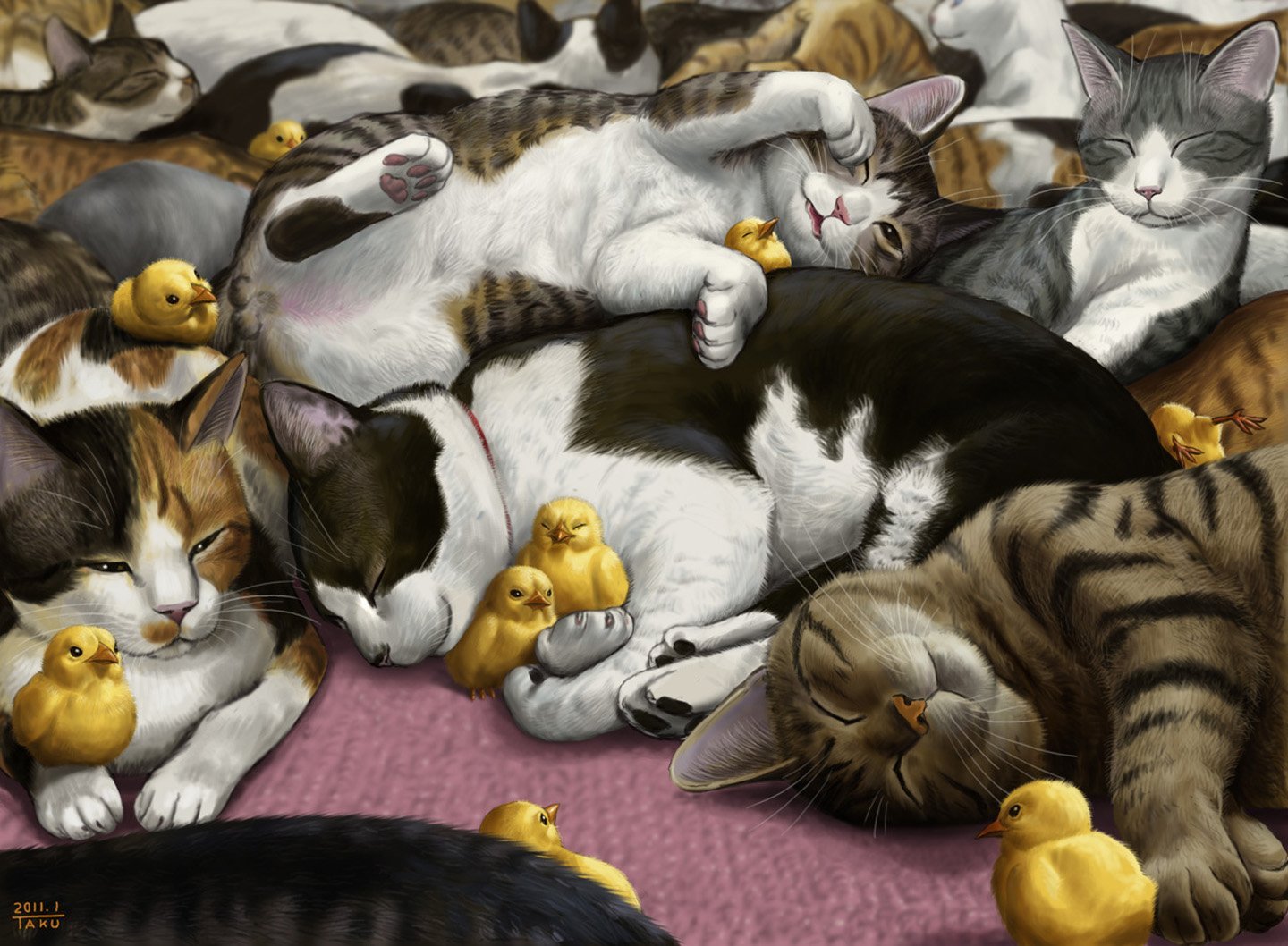 Неделя большими кошками. Японский художник Matataku. Много кошек. Много котиков. Несколько кошек.