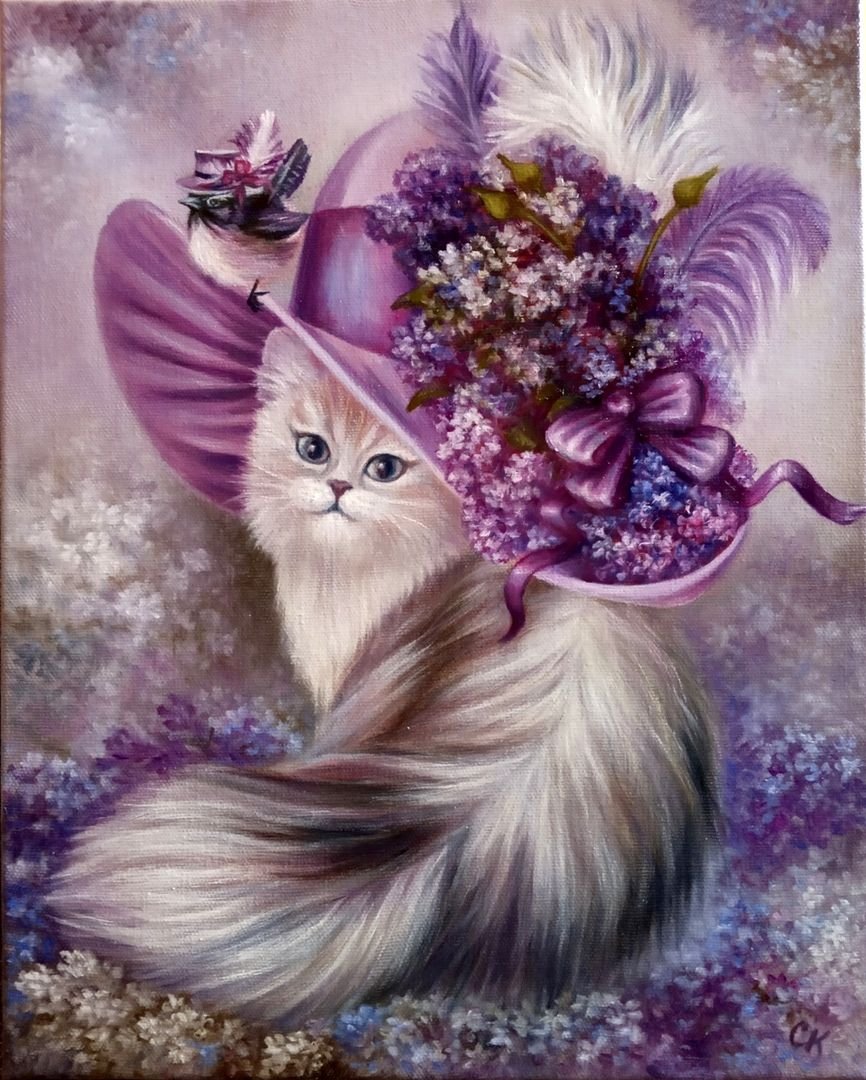 Гламурная кошка. Котенок в цветах. Кошка и сирень. Кот с цветочком. Красивые открытки с кошками