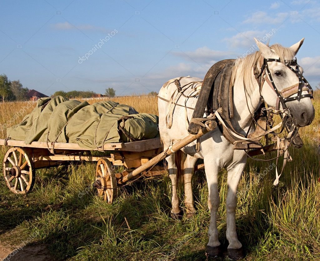 Телеги с лошадьми в древности