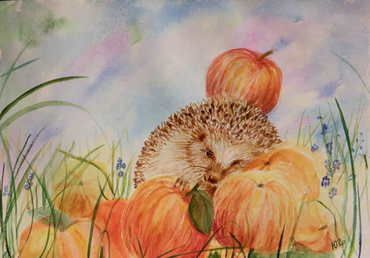 Ежик с яблоком акварелью