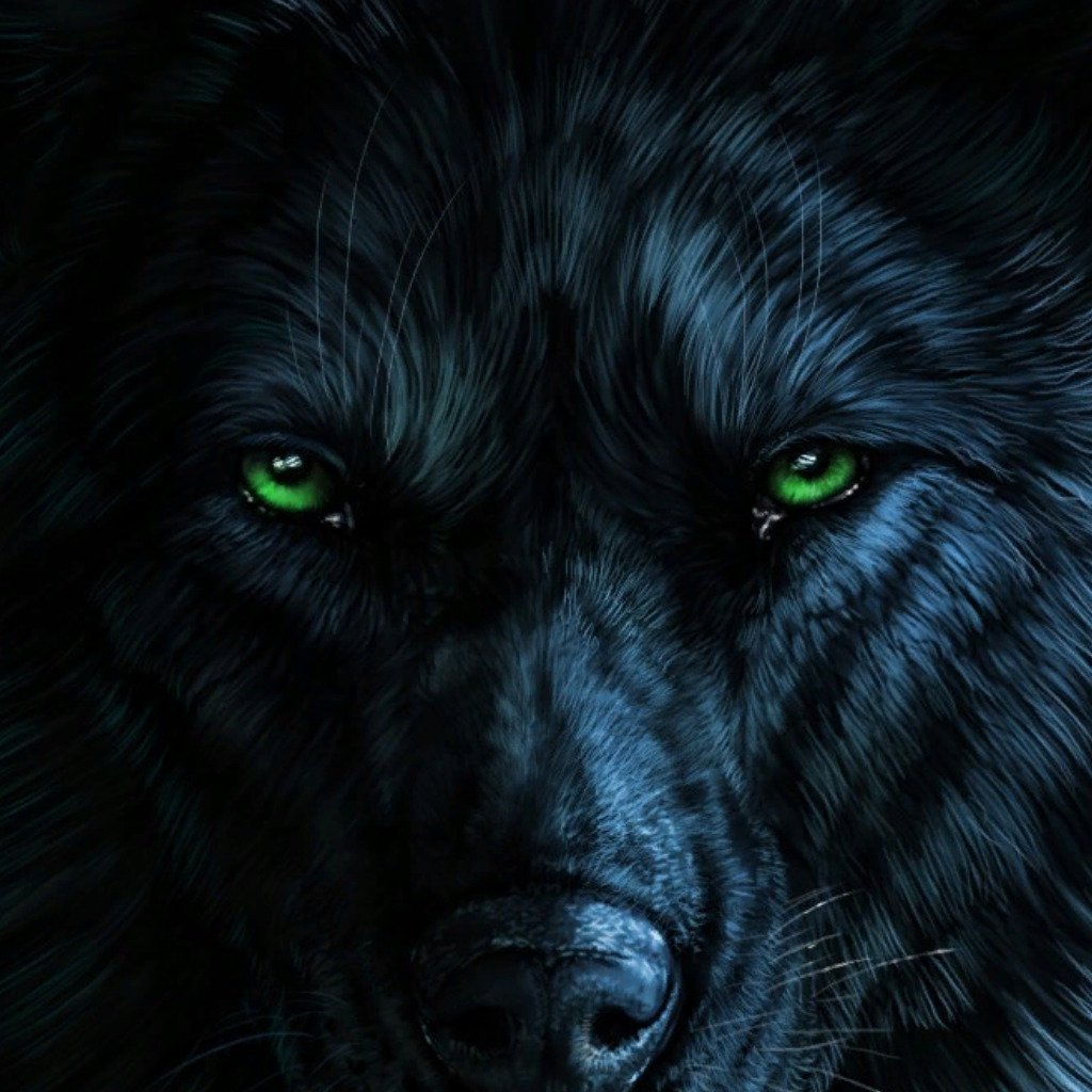 Чёрный волк с зелёными глазами