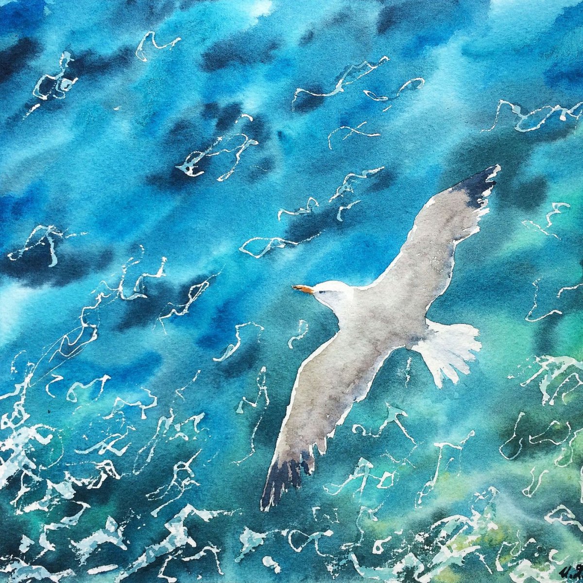 Чайка акварель море полет Ливингстон