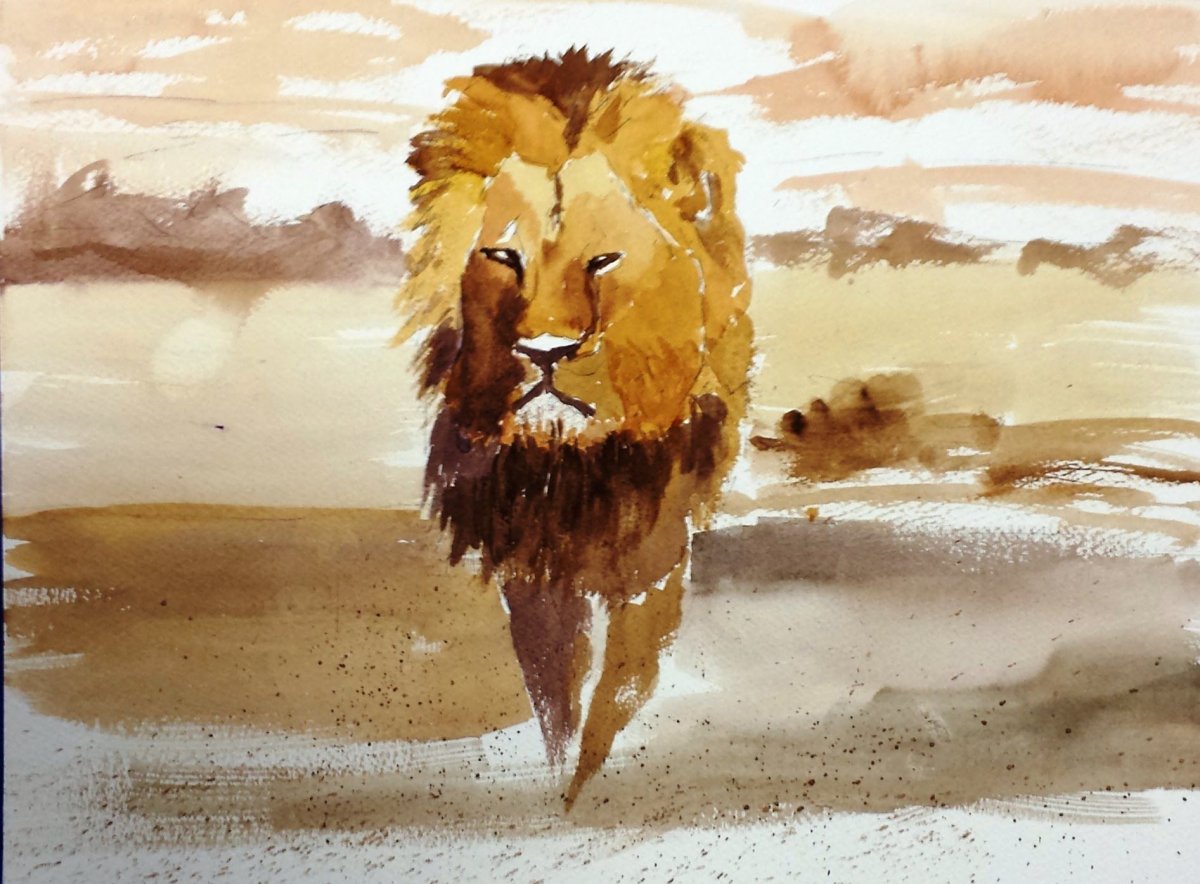 Лев в очках акварель