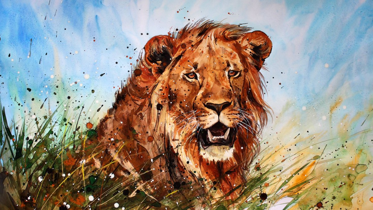 Лев картина акварель
