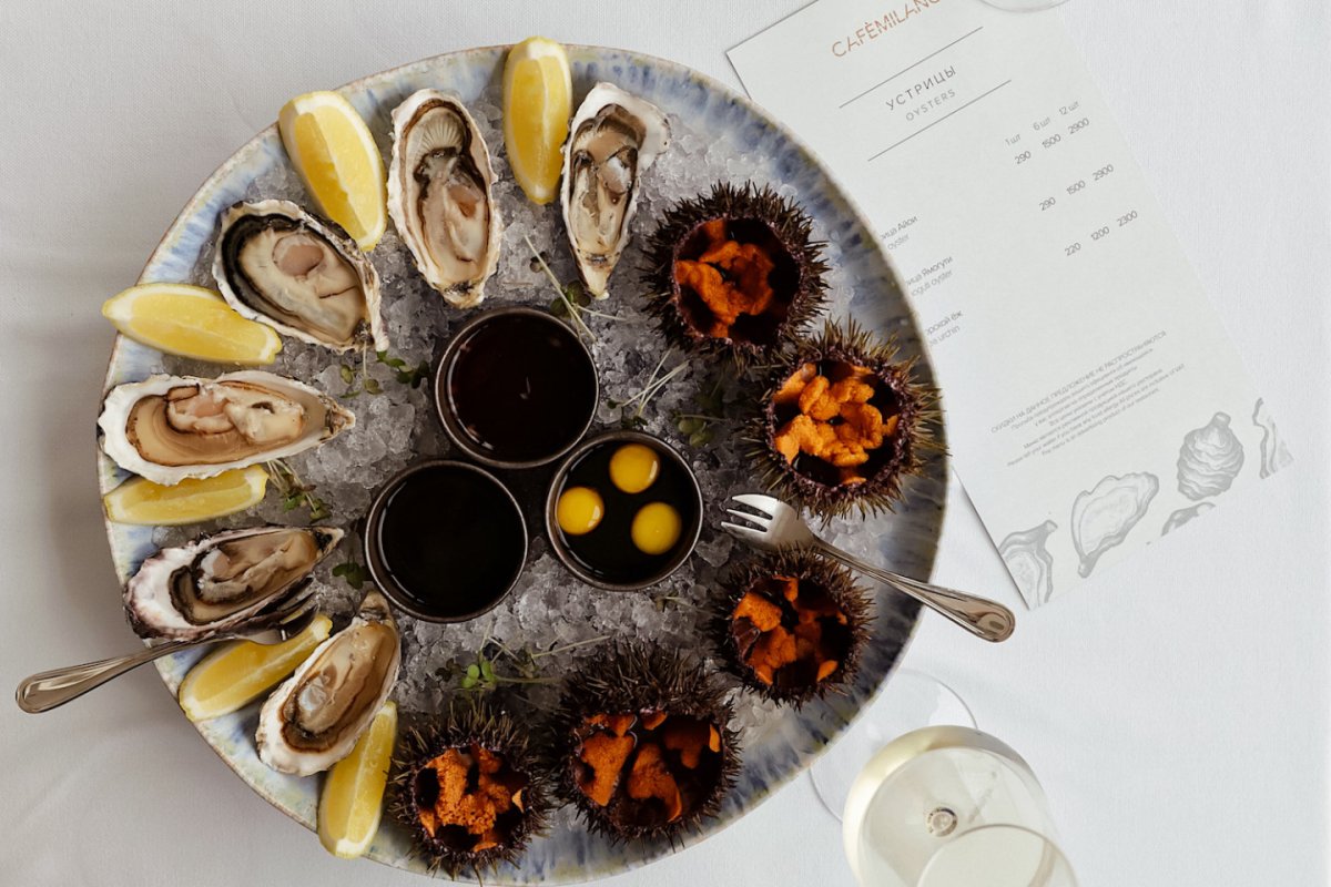 Плато устриц и морских ежей