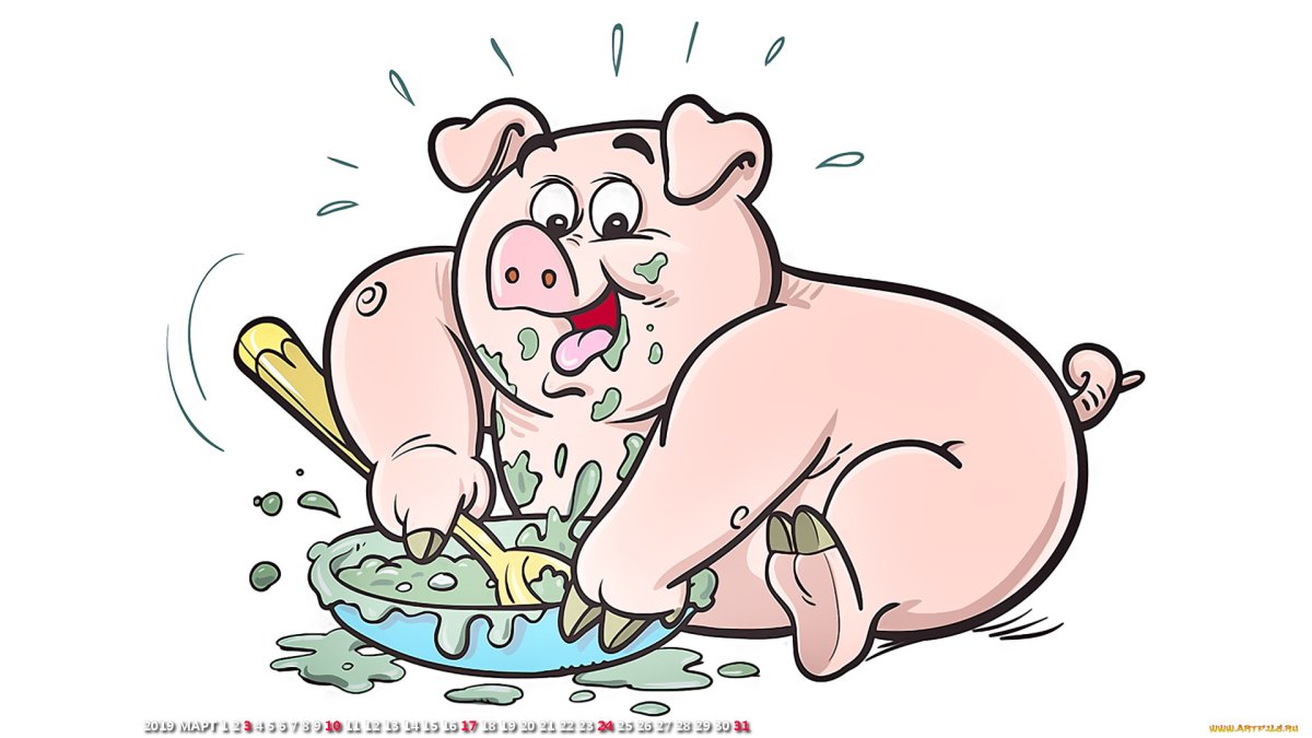 Карикатура свиньи за столом