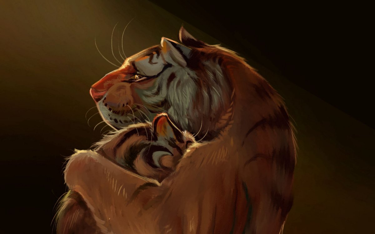 Тигрица обнимает тигренка