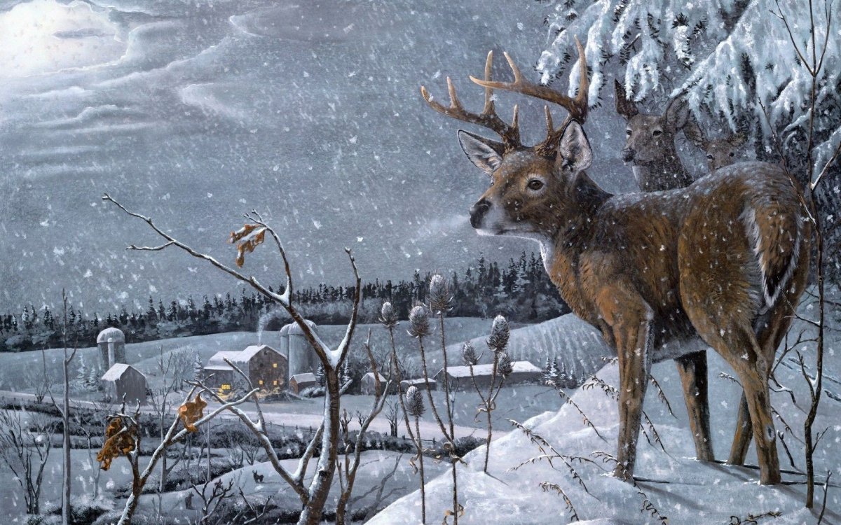 Зимний пейзаж с оленем
