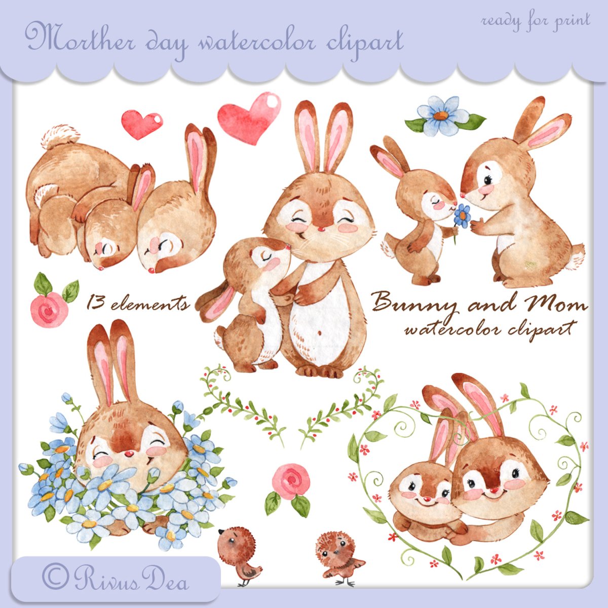 Акварельный зайчик с мамой