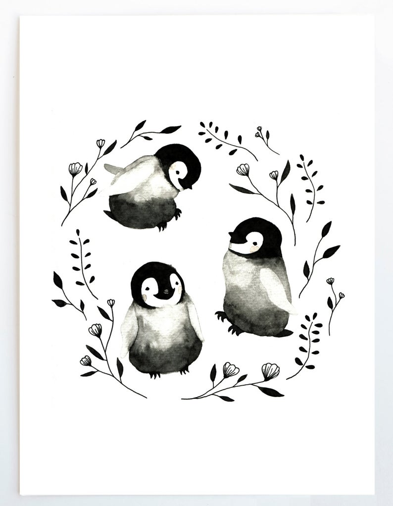 Милые пингвины акварелью