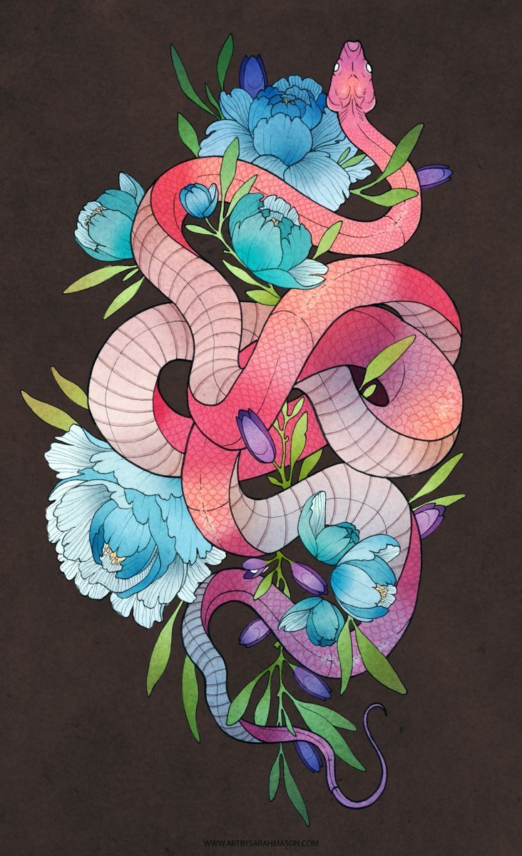 Тату змея с цветами