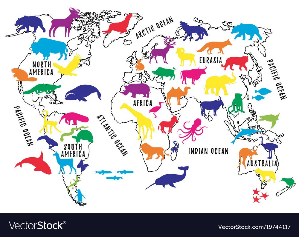 Карта континентов с силуэтами животных