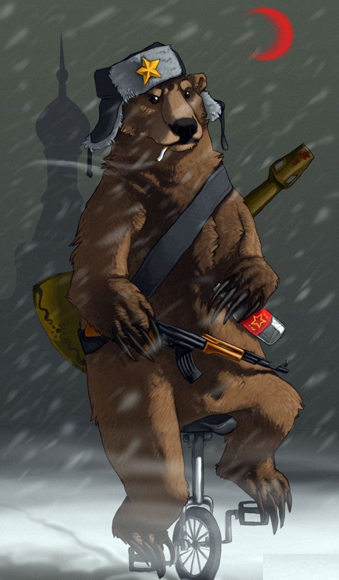 Русский в ушанке с балалайкой и медведем