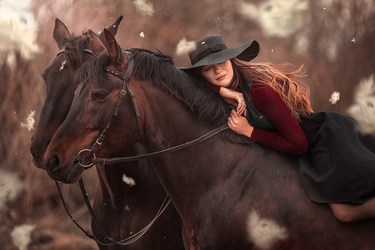 Девушка в шляпе на лошади