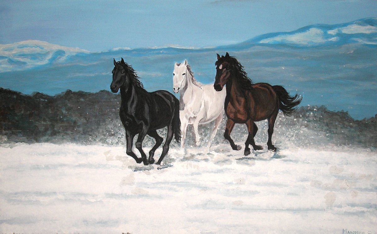 Лошади Мустанг зимой в живописи