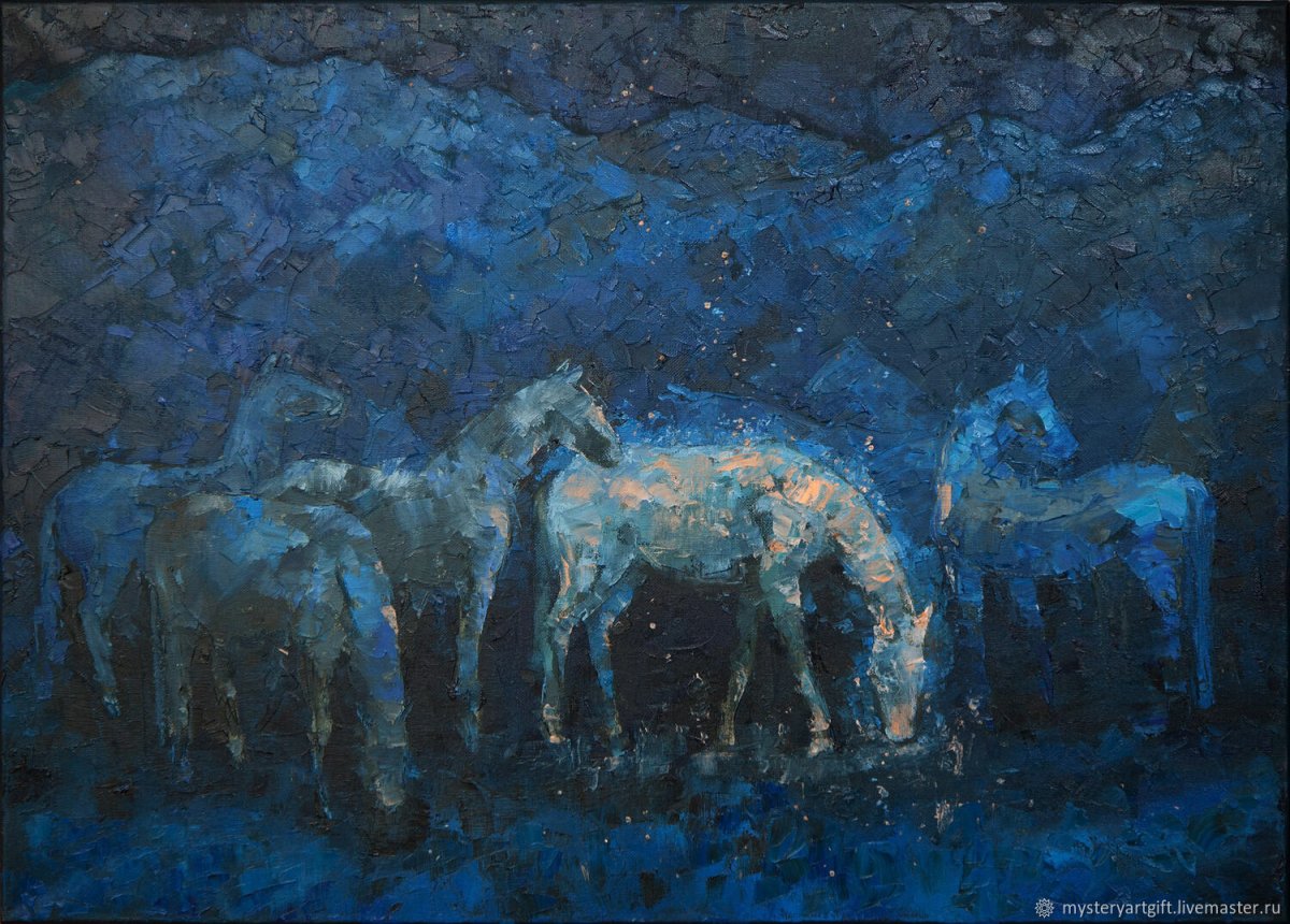 Картина Лунная ночь лошади река