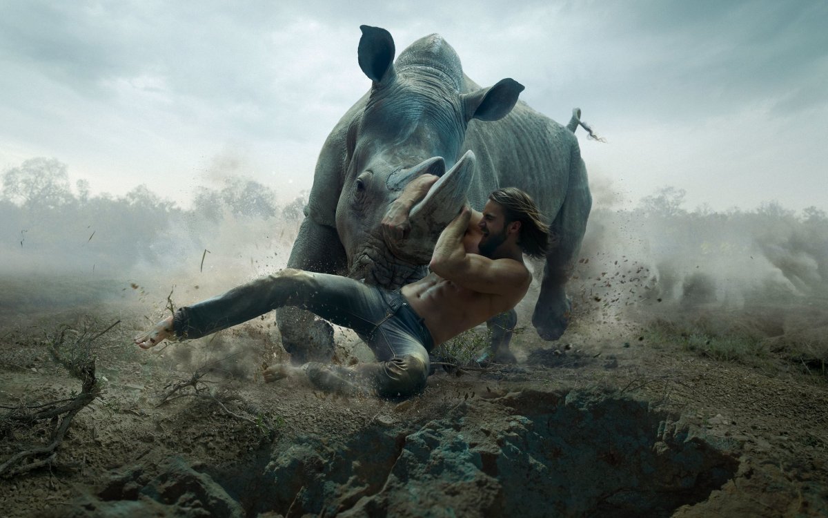 Человек верхом на носороге