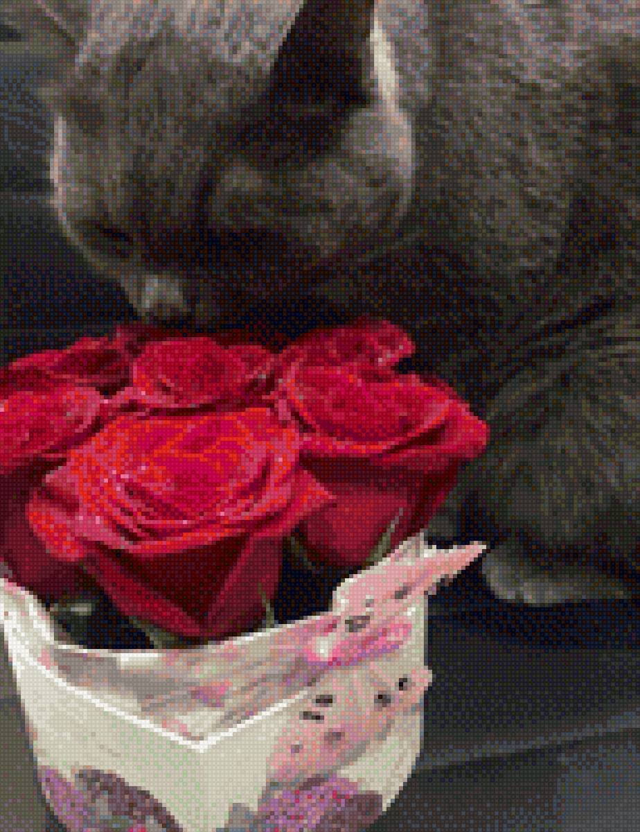 Кот с букетом цветов