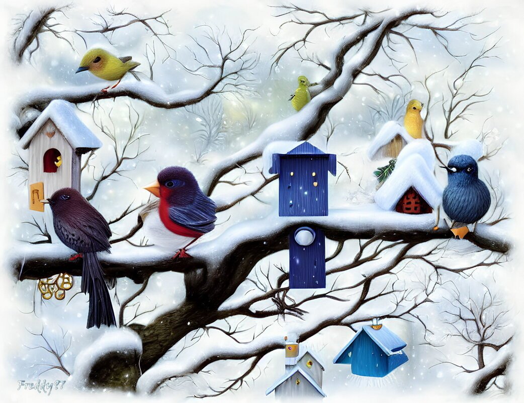 Картинки зимы с птицами в скворечнике