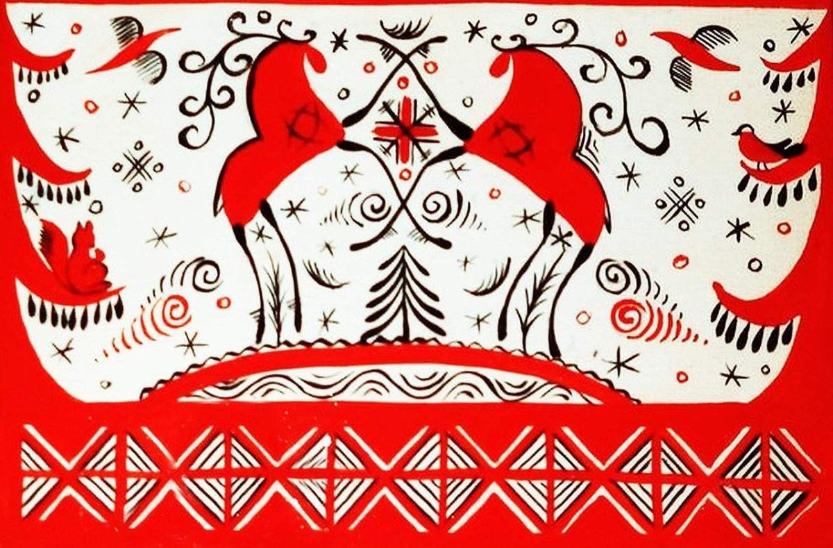 Мезенская роспись кони и олени