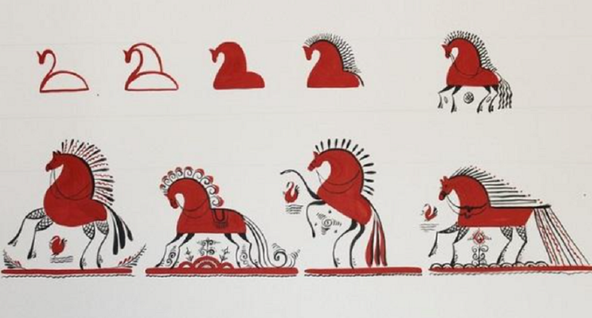 Мезенская роспись кони и олени