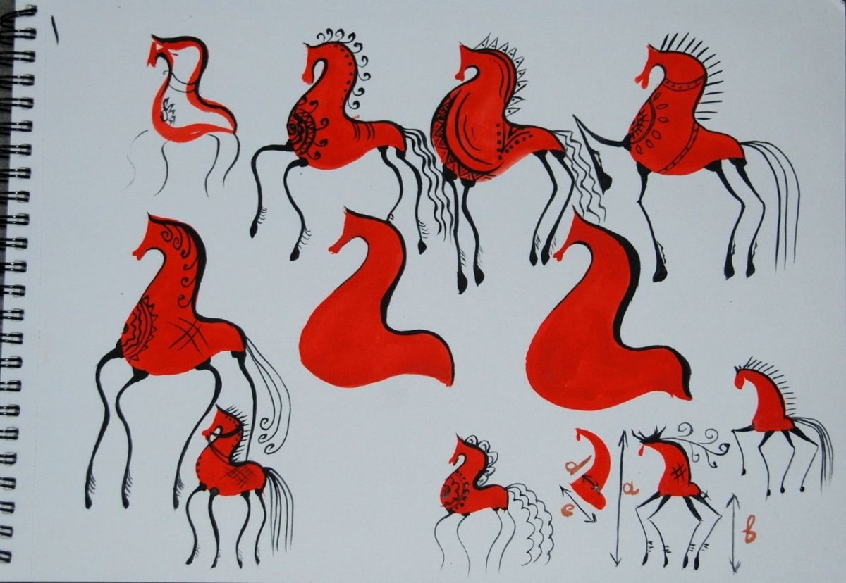 Красный конь в мезенской росписи