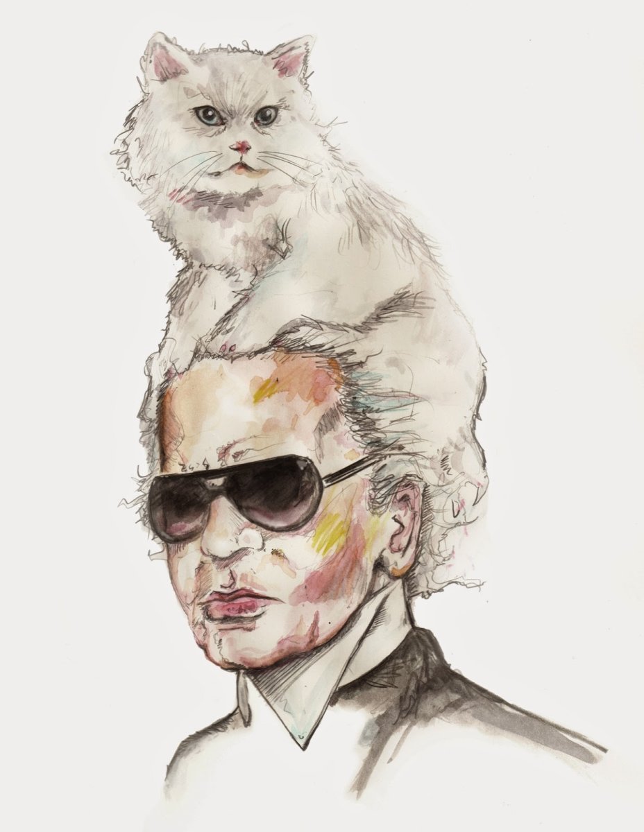 Карл Лагерфельд с кошкой рисунок